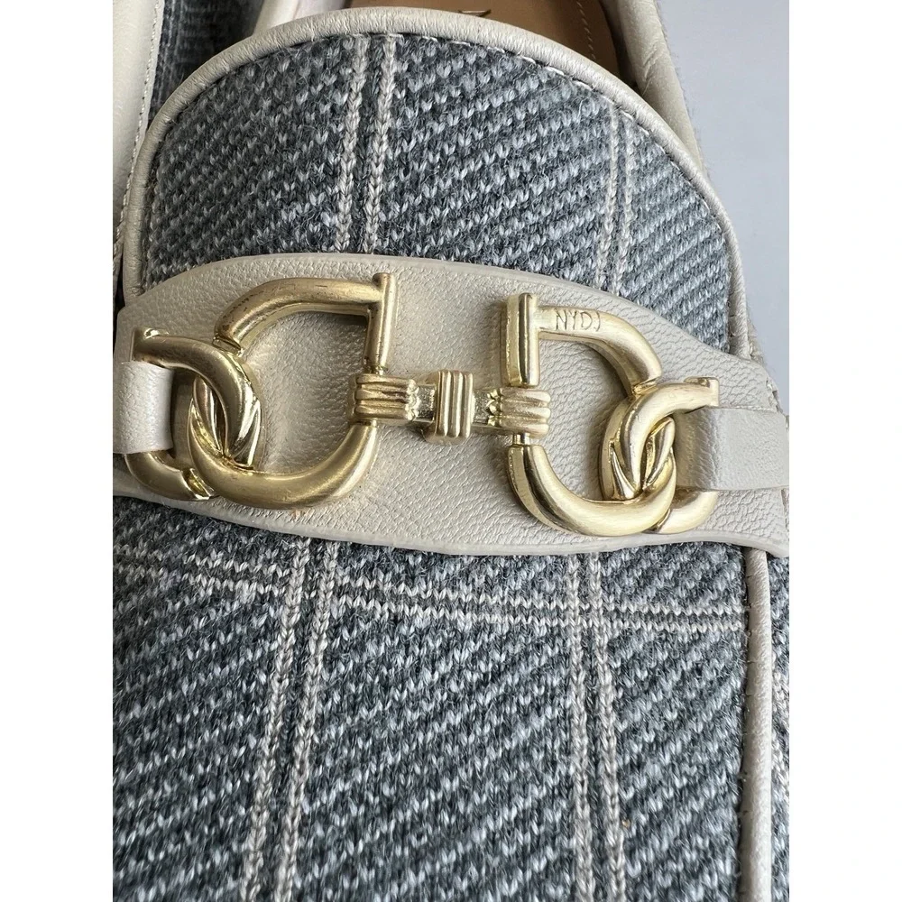 NYDJ  Women Edward Suede Wedge Shoes Sz 7.5M Grey Plaid Gold Buckle Comfort